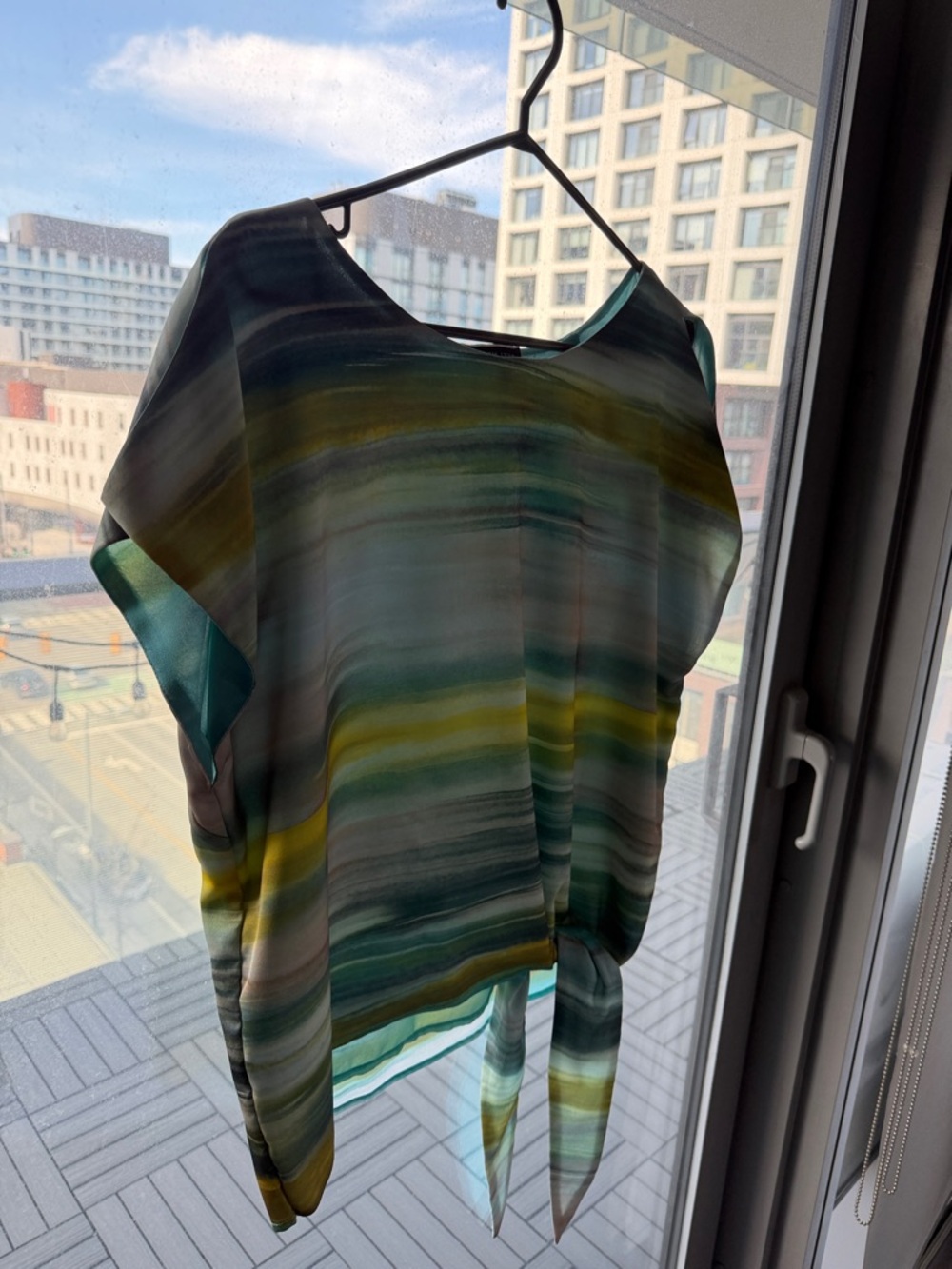 Striped Sheer Tie-Hem Women’s Blouse in Green and Yellow Hues